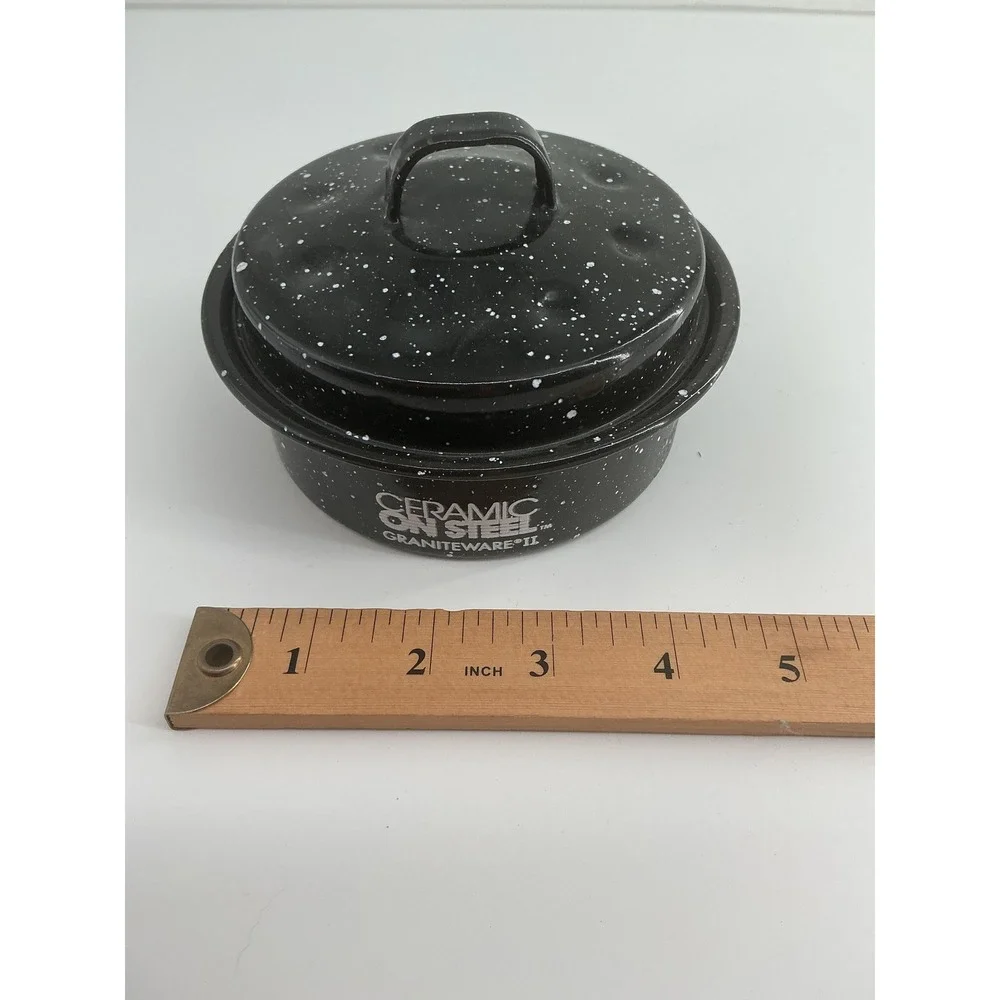 Graniteware II Ceramic on Steel Mini Round Roaster with Lid Black Speckled 4.5in